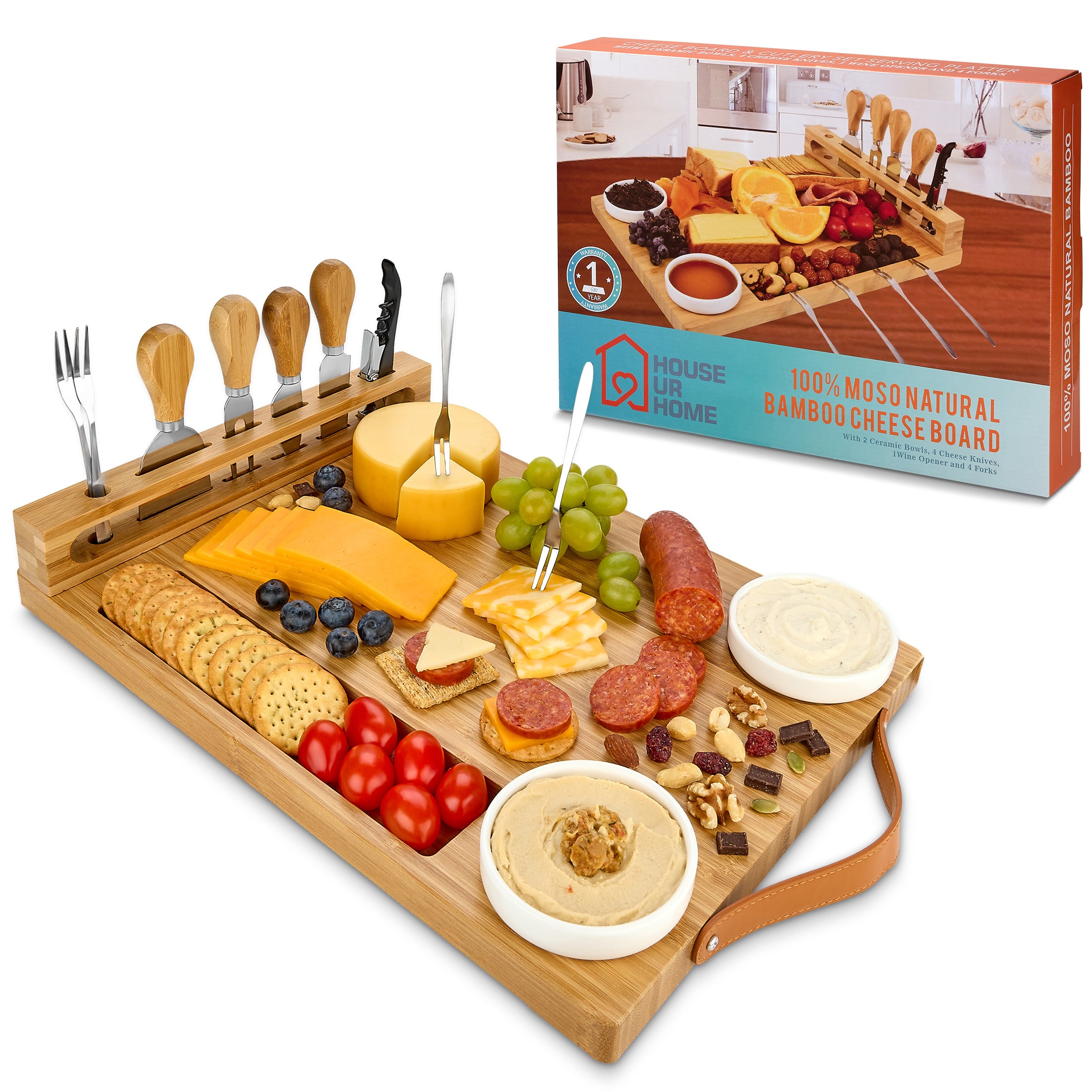 Bamboo Charcuterie Boards Gift Set with Leather Handles, Knife Set, Wine Opener, Ceramic Bowls & Forks, Recipe Book - House Warming Gifts New Home