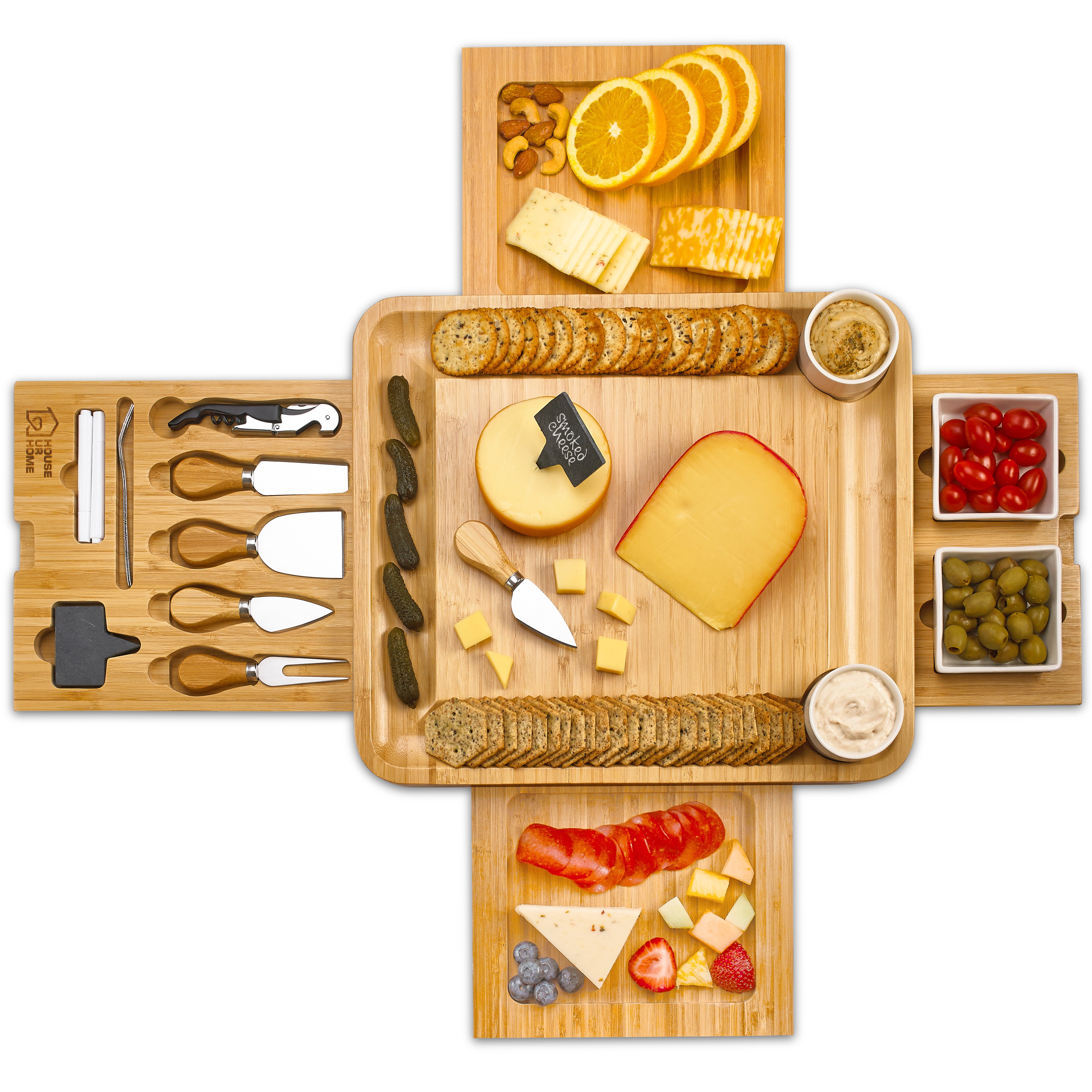 Large Bamboo Charcuterie Boards Gift Set with 4 Hidden Drawers, Cheese Knives, Ceramic Bowls & Plates, Recipe Book, Perfect House Warming Gifts New Home