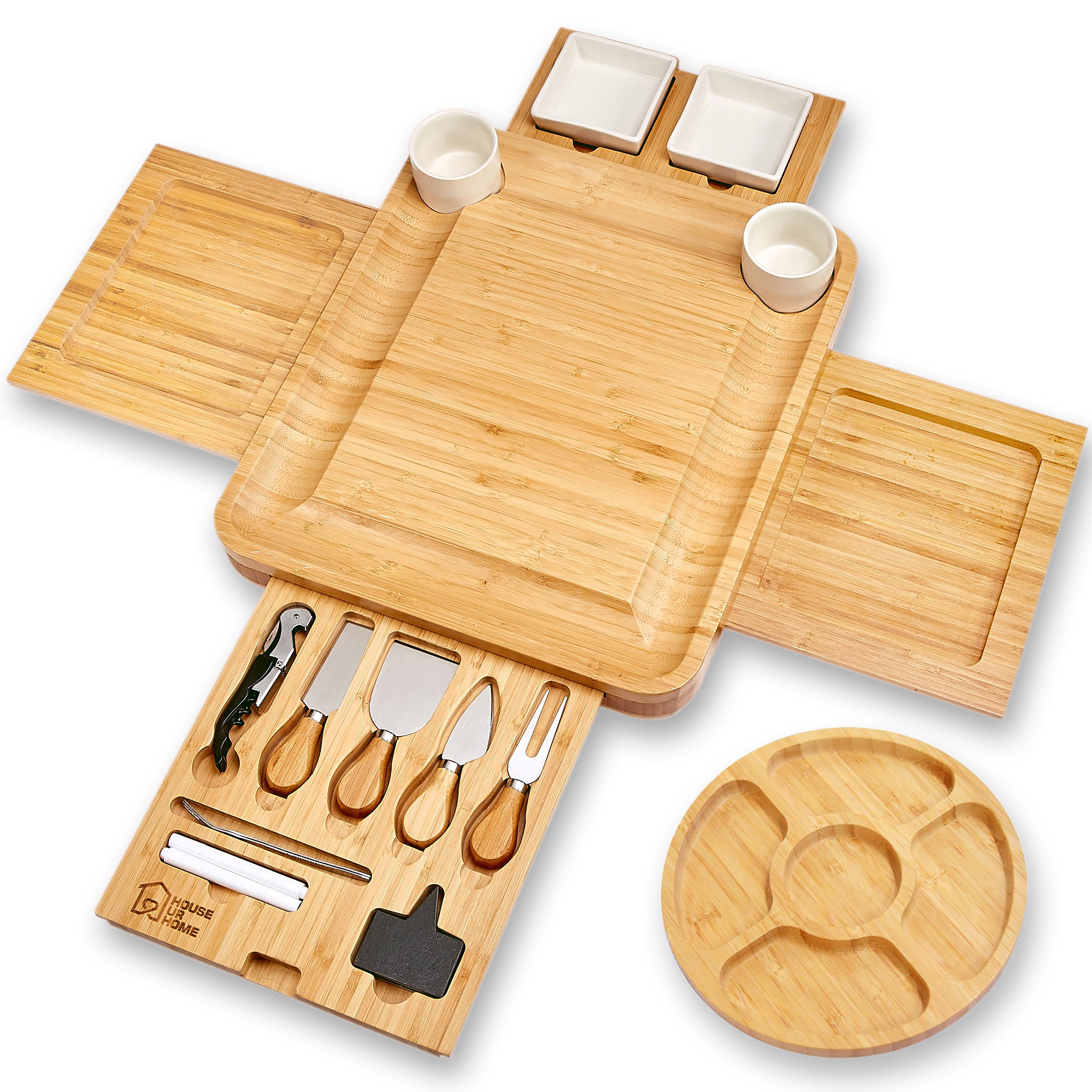 Large Bamboo Charcuterie Boards Gift Set with 4 Hidden Drawers, Cheese Knives, Ceramic Bowls & Plates, Recipe Book, Perfect House Warming Gifts New Home